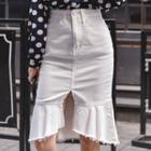Frey-trim Ruffle-hem Skirt
