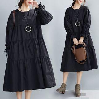 Bell-sleeve Tiered Midi A-line Dress Black - One Size