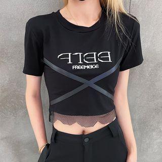 Short-sleeve Fishnet Trim Lettering Cropped T-shirt