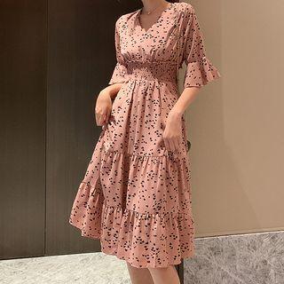 Elbow-sleeve Pattern Midi A-line Dress