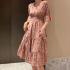 Elbow-sleeve Pattern Midi A-line Dress