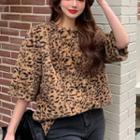 Short-sleeve Leopard Print Fluffy T-shirt Leopard Print - Brown - One Size