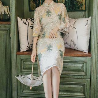 Elbow-sleeve Lace Floral Qipao Dress