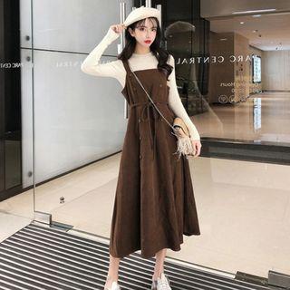 Long-sleeve Knit Top / Buttoned Midi Jumper Dress / Beret / Set