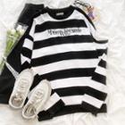 Long-sleeve Embroidered Stripe Cut-out Top Stripe - One Size
