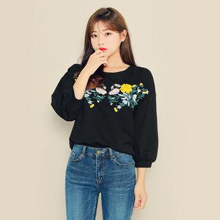 3/4-sleeve Flower Embroidered Sweatshirt