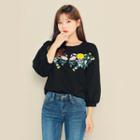 3/4-sleeve Flower Embroidered Sweatshirt