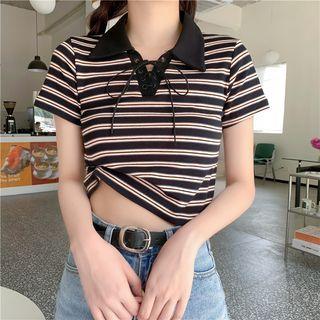 Short-sleeve Lace-up Striped Slim-fit Top