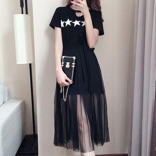 Set: Short-sleeve Star Print T-shirt Tunic + Midi Mesh Skirt