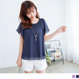 Lcae Square Neck Bell Sleeve Chiffon Top