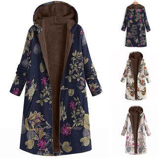 Print Cotton Hooded Zip Long Jacket