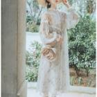 Set: Slipdress + Lace Panel Flower Print Long-sleeve Midi Chiffon Dress