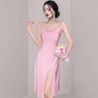 Spaghetti-strap Cowl Neck Slit Midi A-line Dress
