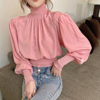 Long-sleeve Mock-neck Blouse Pink - One Size