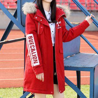 Furry Trim Lettering Hooded Parka