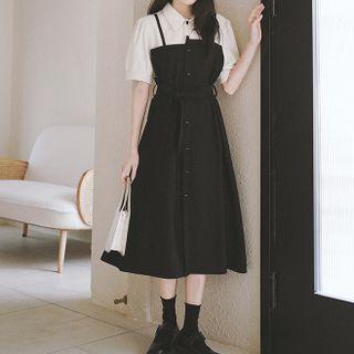 Mock Two-piece Short-sleeve Midi Shirt Dress