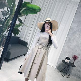 Set: T-shirt + Spaghetti Strap A-line Faux Leather Dress