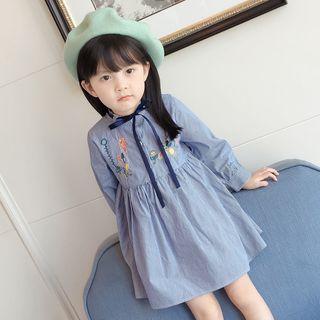 Long-sleeved Floral Embroided Striped Sheath Dress