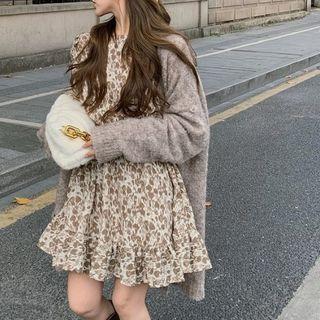 Puff-sleeve Floral Print A-line Dress Almond - One Size
