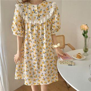 Puff-sleeve Floral Print Sleep Dress White & Yellow & Green - One Size