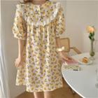 Puff-sleeve Floral Print Sleep Dress White & Yellow & Green - One Size