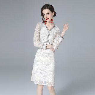 Long-sleeve V-neck Sequined Lace Sheath Dress
