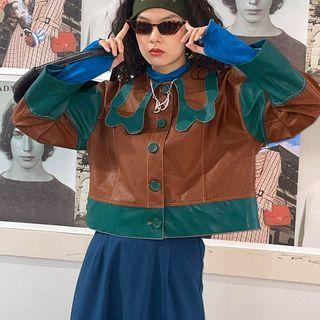 Two-tone Single-breasted Faux Leather Jacket