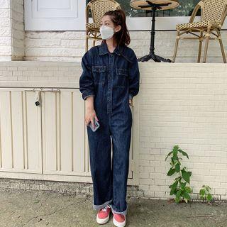 Flap-pocket Denim Jumpsuit Indigo - One Size