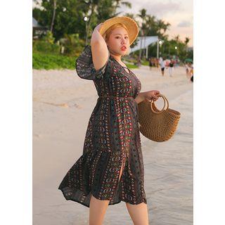 Plus Size - Patterned Slit Chiffon Dress With Cord