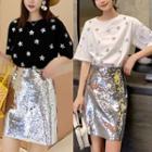 Set: Short Sleeve Star Printed Tee + Glitter Skirt