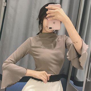 3/4-sleeve Mock-neck Top Khaki - One Size