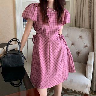 Puff-sleeve Plaid A-line Dress Plaid - Pink - One Size