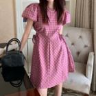 Puff-sleeve Plaid A-line Dress Plaid - Pink - One Size