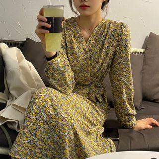 V-neck Tie-waist Floral Midi A-line Dress