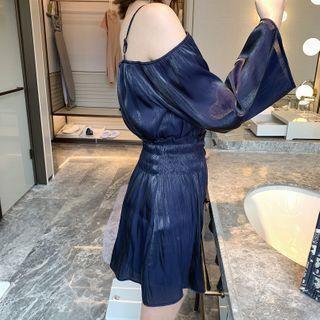 Long-sleeve Glitter Cold Shoulder Blouse / Mini A-line Skirt