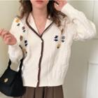 Floral Embroidered Collared Cardigan Milky White - One Size