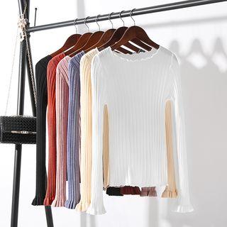 Long-sleeve Frill-trim Rib-knit Top