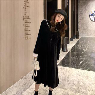 Sailor-collar Lace-trim Velvet Midi Dress Black - One Size