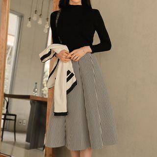 Set: Mock Neck Knit Pullover + Midi A-line Skirt