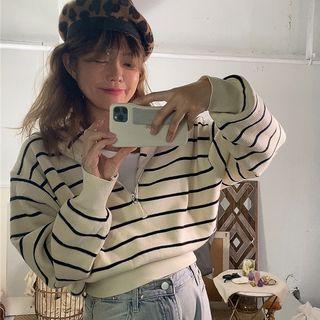 Mock Two-piece Lapel Striped Cropped Knit Top