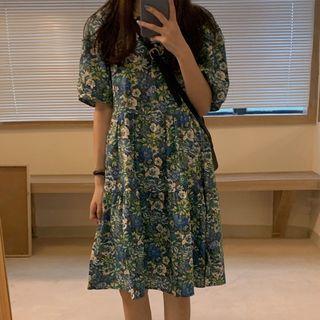 Floral Short-sleeve Midi A-line Dress Floral - Blue & Green - One Size