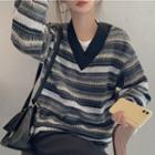 Striped Sweater Top - V Neck - Stripe - Gray & Khaki - One Size
