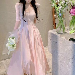 Elbow-sleeve Plain Maxi A-line Dress