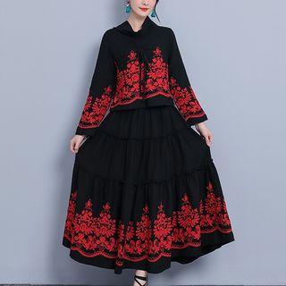 Set: Drawstring Long-sleeve T-shirt + Embroidered Midi A-line Skirt