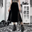 High-waist Lace-panel Velvet Midi Skirt