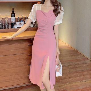 Mock Two-piece Puff-sleeve Slit Midi Dress