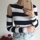 Long-sleeve Cold-shoulder Striped Crop Top Black & White - One Size