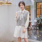 Cable-knit Vest / Dotted Long-sleeve A-line Dress