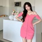 Cold-shoulder Plain Mini Bodycon Dress Pink - One Size