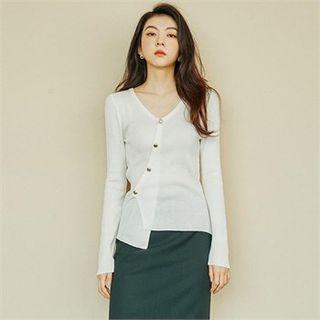 Diagonal-buttoned Rib-knit Cardigan